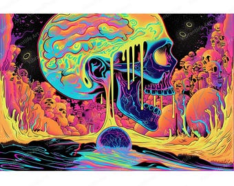 Tapisserie murale psychédélique tête de mort géante, oeuvre d'art murale phosphorescente pour festivals de musique, décoration gothique trippy avec néon goutte à goutte, cadeau réactif UV