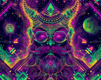 Fluorescent Cyberpunk Druid Tapestry, Glow-in-the-Dark Majestic Wall Art, Mysterious Sci-Fi Fantasy Decor, Unique Psychedelic Home Decor