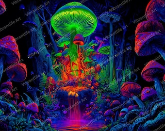 Tapisserie Spores phosphorescentes phosphorescentes, oeuvre d'art murale champignon psychédélique néon pour chambre à coucher, décoration de dortoir et de chambre trippy, champignon fluorescent
