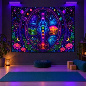 Könnte beinhalten: Ein rechteckiger Wandteppich mit einem lebendigen, neonfarbenen kosmischen Design. Die zentrale Figur ist eine menschliche Silhouette mit leuchtenden Chakrapunkten, umgeben von kreisförmigen Motiven, die Landschaften und Himmelskörper darstellen.