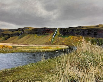 May include: A painting of a landscape with a river, a waterfall, and a grassy hill in the background. The sky is gray and cloudy.