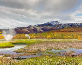 May include: A painting of a mountain range with a snow-capped peak in the background. The foreground features a river winding through a grassy field with two geysers erupting in the distance.