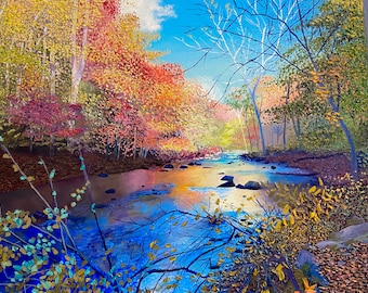 May include: A painting of a stream flowing through a forest in autumn. The trees are a mix of red, orange, and yellow leaves. The water is a deep blue and reflects the colors of the trees.