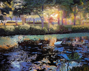 May include: A painting of a serene pond scene with two white swans swimming in the water. The pond is surrounded by lush green trees and foliage, and the sun is shining brightly in the background.