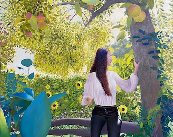 May include: A woman in a white shirt and black pants stands in a garden with a tree behind her. The tree has green leaves and red apples. There are sunflowers in the background.