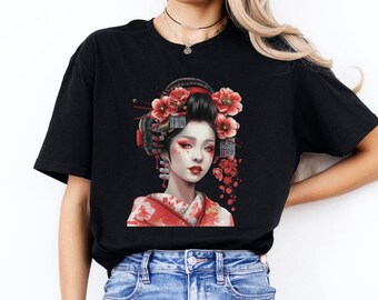 Japanese Geisha T-Shirt: Kimono Flowers, Vintage Anime Art