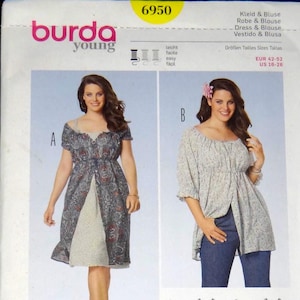 May include: A sewing pattern for dresses and blouses, featuring two women modeling the garments. The pattern includes illustrations of the designs, with text in English, German, and Spanish. The Burda Young pattern is for sizes US 16-26.