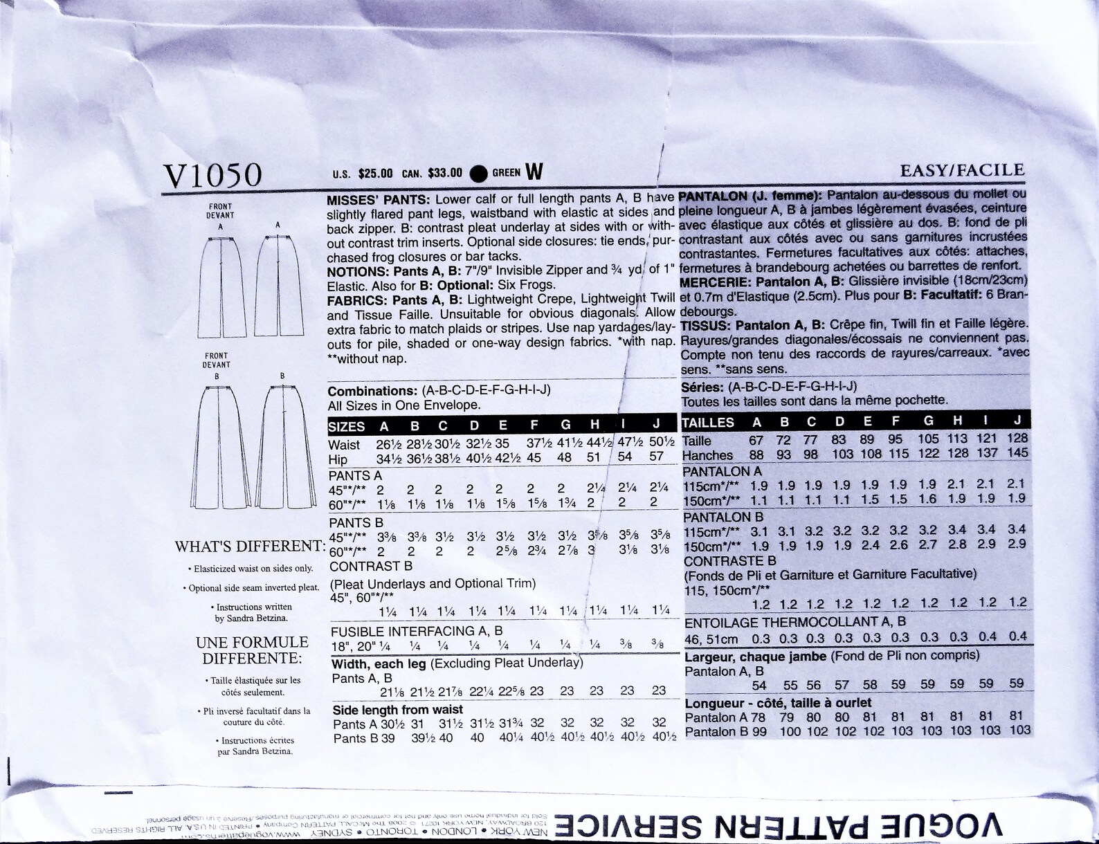 Vogue 1050 - Today's Fit Pattern - Sandra Betzina - Misses' Pants in 2 ...