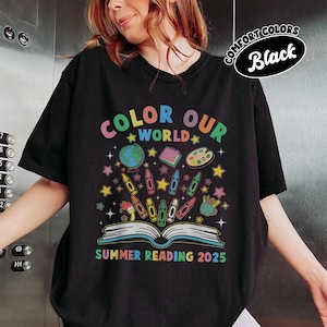 Color Our World Summer Reading 2025 Shirt, Librarian Book Lover Tee for Men Women Kids, Cute Library Reading Challenge T-Shirt Gift