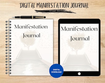 Pode incluir: Um download digital de um diário de manifestação com um fundo branco e uma árvore no topo de uma escada. O texto "Diário de manifestação" está escrito em preto no topo da página.