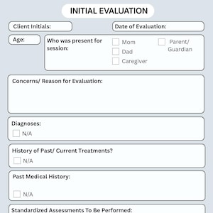 May include: A light gray form titled "INITIAL EVALUATION" with fields for client initials, age, and date. It includes sections for concerns, diagnoses, and medical history, with checkboxes for "N/A" and options for who was present during the session.