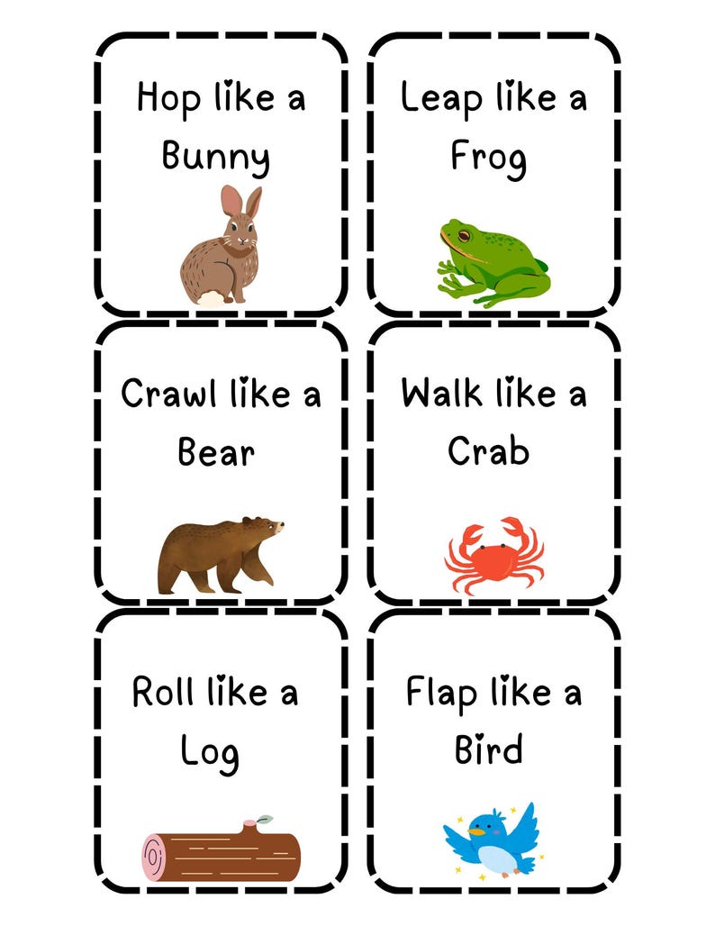 May include: Educational cards with animal movement instructions. Each card features an animal illustration and a directive: "Hop like a Bunny," "Leap like a Frog," "Crawl like a Bear," "Walk like a Crab," "Roll like a Log," and "Flap like a Bird."