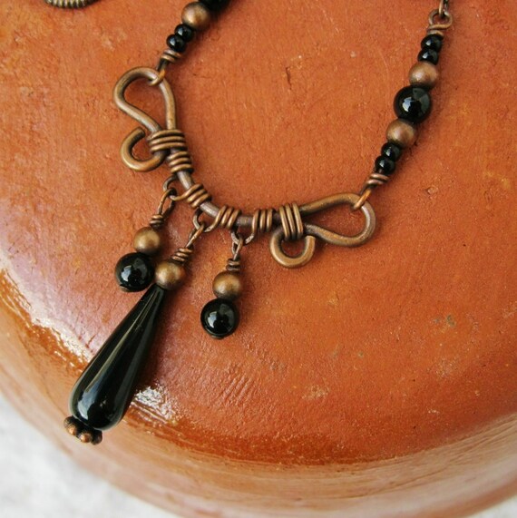 Wire Wrapped Necklace with Antiqued Copper and Black Onyx Etsy