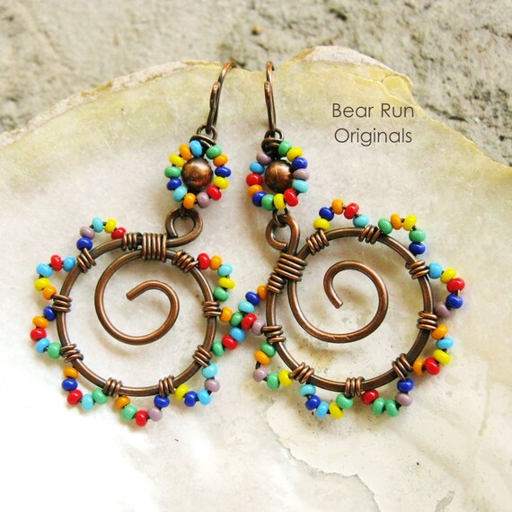 Fiesta Bead Dance wire wrapped copper hoops fiesta mix Etsy