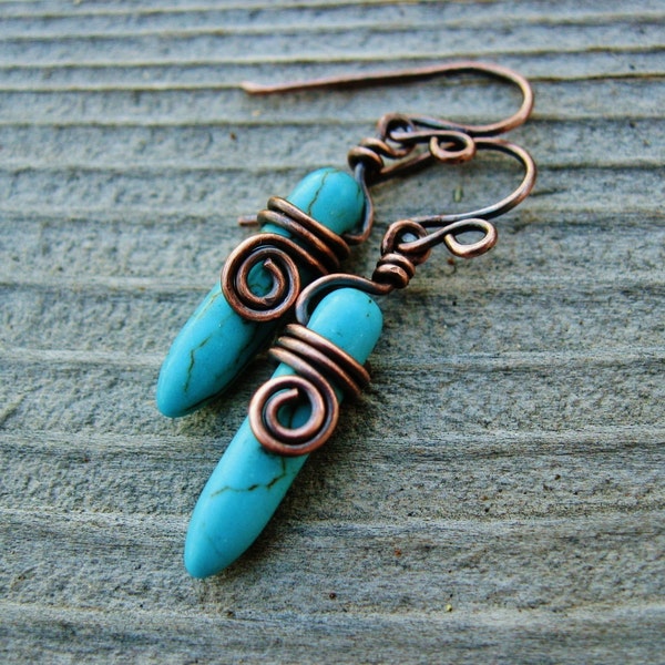 Antiqued Copper Wire Wrapped Turquoise Magnesite Stone Daggers Dangle Earrings