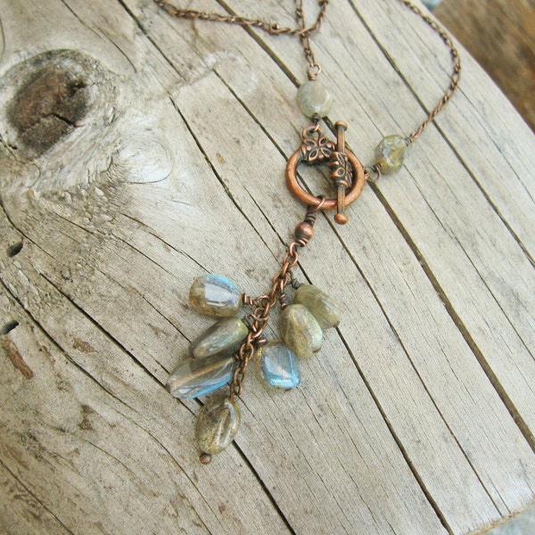 Labradorite Lariat Necklace - with antiqued copper wire wrapped labradorite dangles necklace