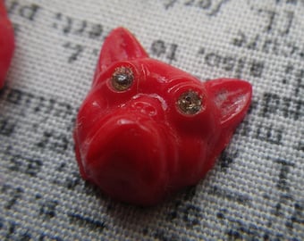 Poppy Red Bulldog Cabochons with Rhinestone Eyes Vintage 12mm 2 Pcs