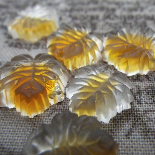 Frosted Amber Givre Unfoiled Vintage Leaves Glass 14mm Flat Back Cabochons 6 Pcs