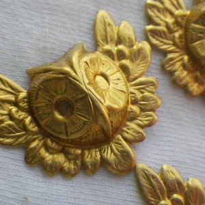 Owl Faces Wreathed in Feathers Brass Charms 25x22mm 4 Pcs