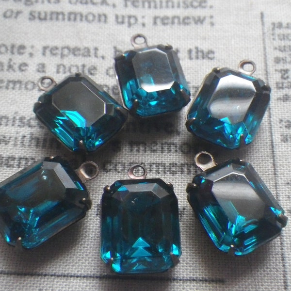 Blue Zircon Vintage 12x10mm Octagon Brass Ox Glass Drops 4 Pcs