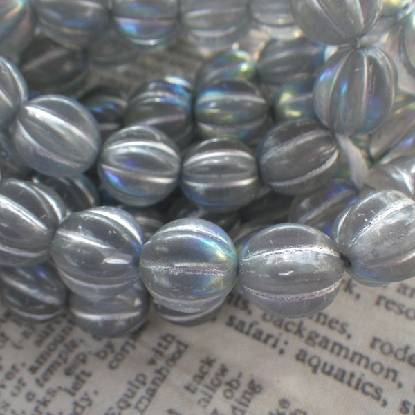 Grey Melon with Silver AB Finish and Silver Wash 12mm Glass Beads 25 Pcs