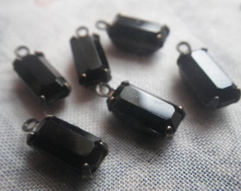 Jet Black 10X5mm Square Octagon Vintage Glass Drops Brass Ox One Loop 6 Pcs