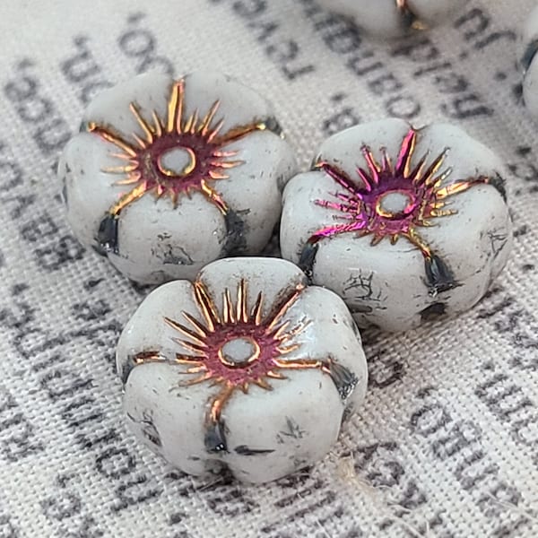 Hibiscus Flower Cloudy White with a Metallic Volcano Wash Glass Beads 12mm 12 Pcs
