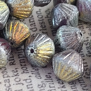 Tribal Bicone Purple Pansy with Etched, Gold, and Silver Finishes 11mm Pressed Bicone Beads 15 Pcs