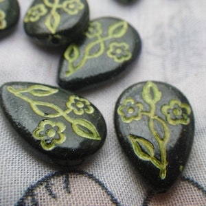 Jet Black Flat Chartreuse Green Floral Engraved Pear Large 18x13mm Beads 6 Pcs