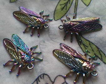 Rainbow Plated Cicada or Locust Charm Brass 25mm 4 Pcs