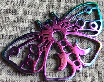 Rainbow Plated Steel Mystic Moth Laser Cut Charms 45x20mm 4 Pcs