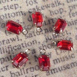 Siam Ruby Red Vintage Czech 6x4mm Glass Octagon Silver Plated Drops 6 Pcs