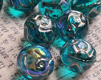 Round Rose Turquoise Glass with AB Finish and Metallic Gold Wash 10mm 15 Pcs