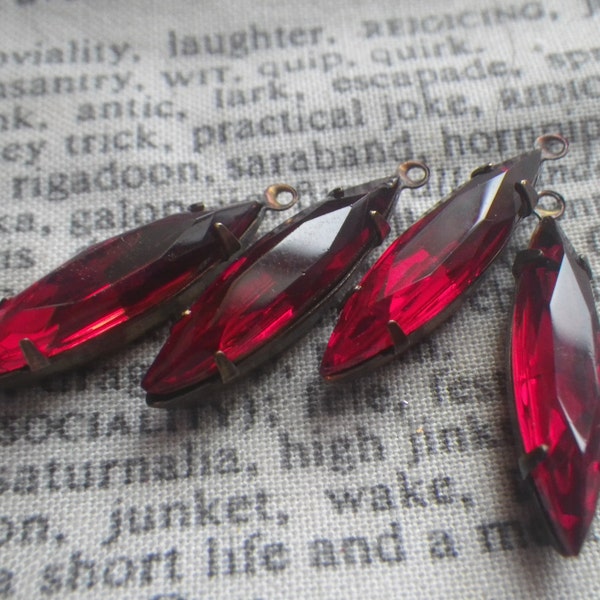 Ruby Red 24X6mm Glass Navette Earring Drops 4 Pcs