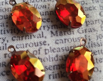 Crystal Magma Red with Gold Coating 14x10mm Faceted Glass Oval Drops 4 Pcs