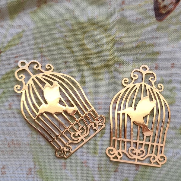 Bird in a Gilded Cage Gold Plated 35x22mm Aluminum Charms 4 Pcs