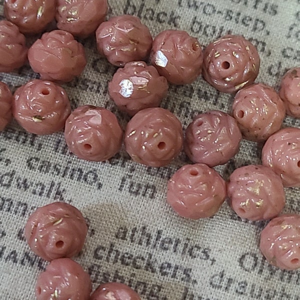 Rosebud Glass Beads Cameo Pink Marbled with Gold 8x7mm 25 Pcs