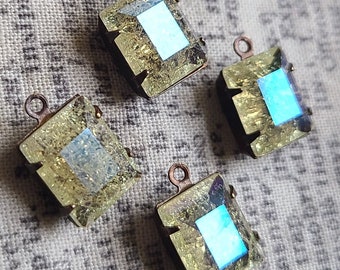 Crackle Jonquil Yellow with Glacier Blue Unfoiled Glass 10x8mm Rectangle Baguette Links 4 Pcs