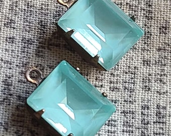 Pale Turquoise Glow 10x8mm Baguette Glass Drops Brass Ox 4 Pcs