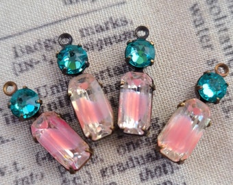 Rose Givre and Light Turquoise 10X5mm Square Octagon Vintage Glass Drops Brass Ox One Loop 4 Pcs