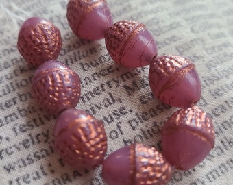Rosewood Pink with Copper Wash Acorn 12x10mm Glass Beads 8 Pcs