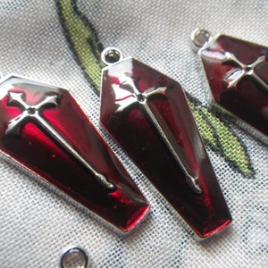 Vampire Coffin Charm Enameled Charm Red and Bright Silver 25x12mm 6 Pcs