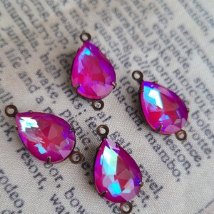Electric Magenta Pink 14x10mm Pear Brass Ox Glass Links Two Loops 4 Pcs image 2
