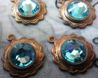 Light Turquoise  Crystal Sunflower Brass Ox Drops One Loop 4 Pcs