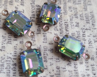 Vintage Aquamarine AB 10x8mm Crystal Octagon Brass Ox Drops 4 Pcs