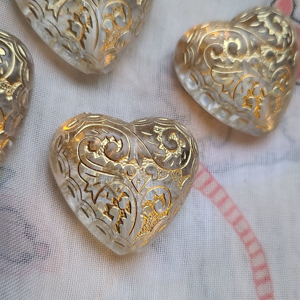 Floral Engraved Heart Beads Clear and Gold 30x27mm Acrylic 4 Pcs