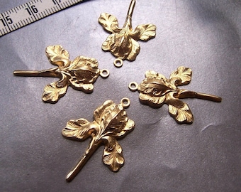 Blooming Iris Charms in Raw Brass 30mm 4 Pcs
