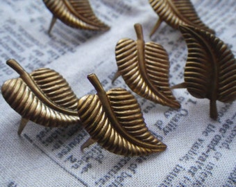 Lovely Big Leaf Vintage 24x13mm Brass Nail Head Pronged Stampings 4 Pcs