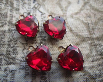 Siam Ruby Red Foiled Crystal 12mm Heart Drops 4 Pcs