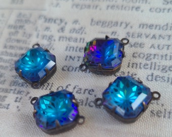 Bermuda Blue Etched Rhinestone 10mm Rounded Square Links 4 Pcs
